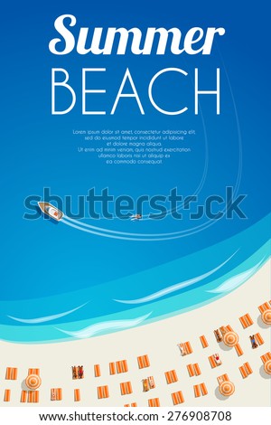 Sunny summer beach background with beach chairs and people. Vector illustration, eps10.