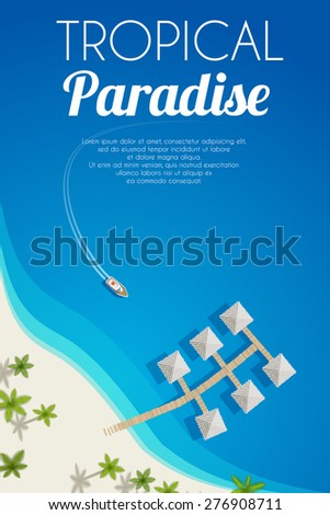 Sunny summer beach background with palms and bungalows. Vector illustration, eps10.