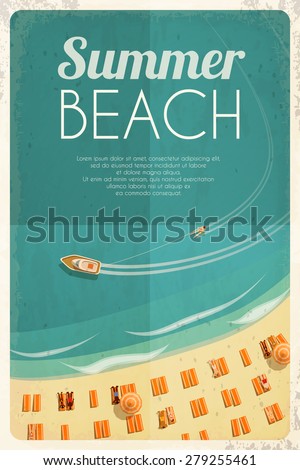 Summer retro beach background with beach chairs and people. Vector illustration, eps10.