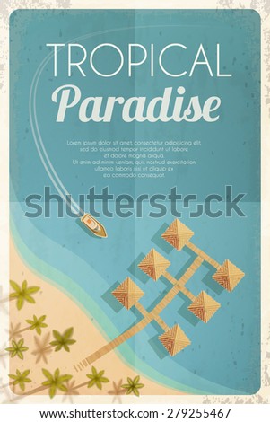 Summer retro beach background with palms and bungalows. Vector illustration, eps10.