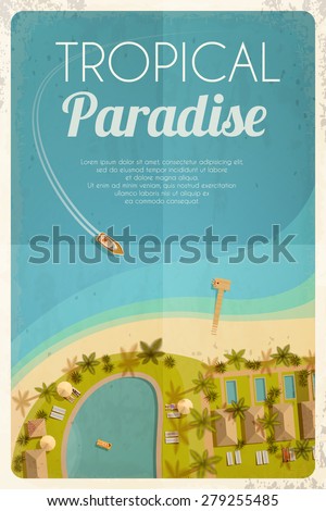 Summer retro background with tropical hotel and motorboat. Vector illustration, eps10.