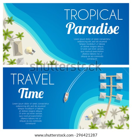 Sunny summer beach horizontal banners with palms and bungalows. Vector illustration, eps10.