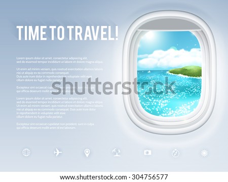Design template with aircraft porthole and tropical landscape in it. Vector illustration, eps10.