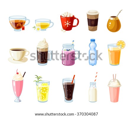 Set of cartoon food: non-alcoholic beverages - tea, herbal tea, hot chocolate, latte, mate, coffee, root beer, smoothie, juice, milk shake, lemonade and so. Vector illustration, isolated on white.
