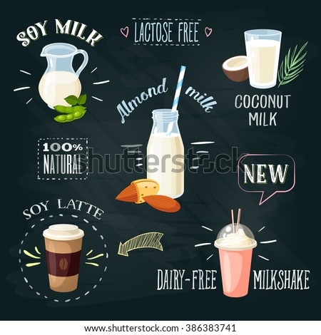 Chalkboard lactose-free milk beverages ADs set. Lactose intolerance. Stylish template. Vector illustration.