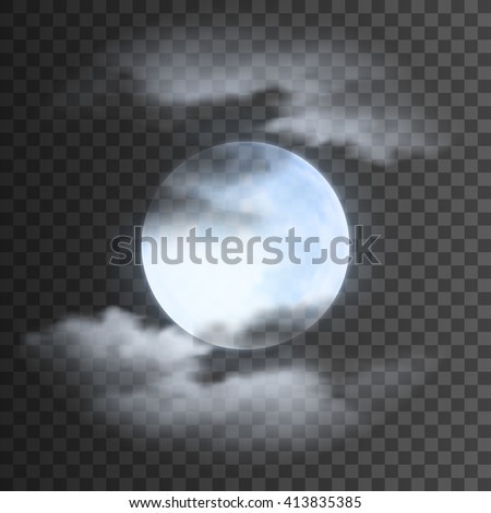 Realistic detailed full blue moon with clouds isolated on transparent background. Eps10 vector illustration, easy to use.