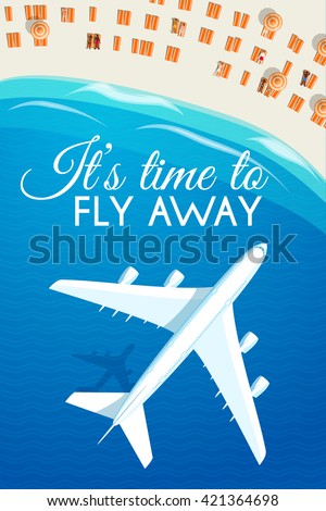 Tourism theme poster. White airplane flying over the sea to the tropical resort, top view. Design template for brochures/advertising/banners/flyers and so. Vector illustration, eps10.