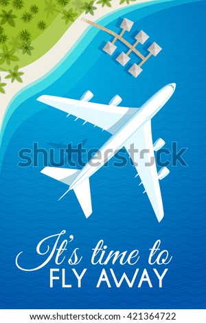 Tourism theme poster. White airplane flying over the sea to the tropical resort, top view. Design template for brochures/advertising/banners/flyers and so. Vector illustration, eps10.