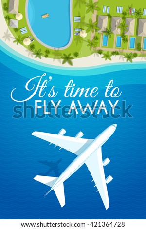 Tourism theme poster. White airplane flying over the sea to the tropical resort, top view. Design template for brochures/advertising/banners/flyers and so. Vector illustration, eps10.