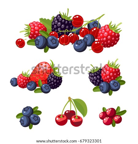 Set of colorful cartoon berries: blueberry, blackberry, cherry, raspberry, red currant, strawberry. Vector flat icon illustration, isolated on white