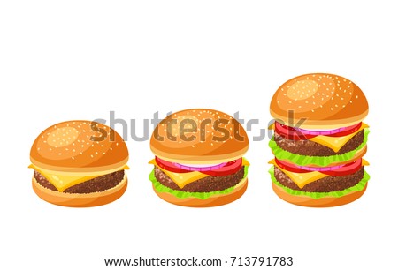 Set of burgers. Cheeseburger, hamburger, double. Vector illustration cartoon flat icon collection isolated on white.