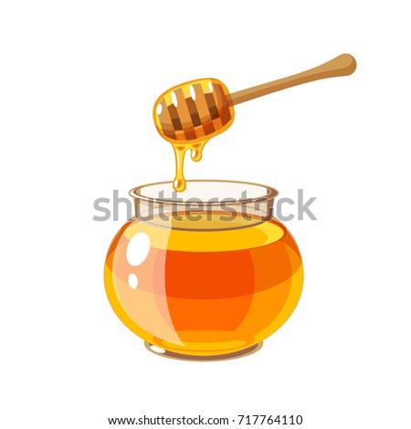 A glass pot full of honey and honey dipper. Vector illustration cartoon flat icon isolated on white.