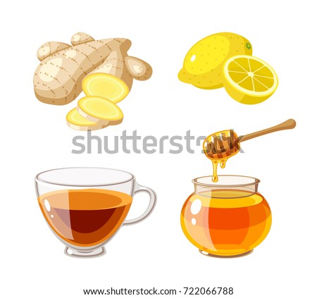 A glass pot full of honey, honey dipper, sliced ginger, lemon and cup of tea. Vector illustration cartoon flat icon isolated on white.