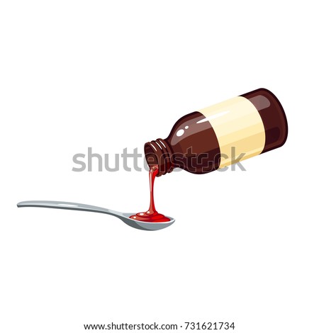 Cough remedy. Pouring one dose into spoon from bottle of medicine syrup for treat sore throat cold flu influenza. Vector illustration cartoon flat icon isolated on white.