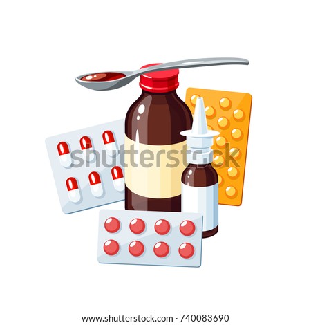 Medication for sore throat, flu, runny nose, influenza, cough: medicine syrup, nasal spray, pills, capsules, drugs. Vector illustration cartoon icon poster on white.