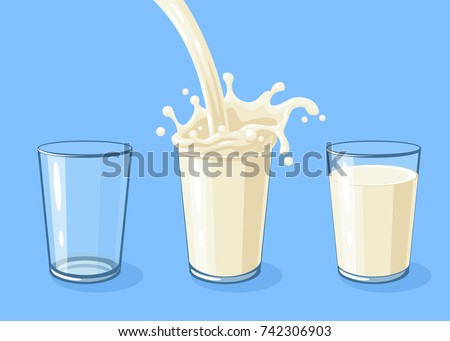 Row of glasses is filling with milk. White milky flow and splash in full glass of milk. Vector cartoon illustration on blue.