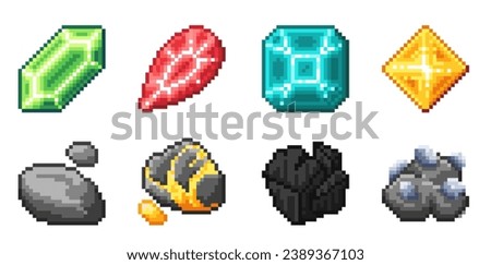 Set of pixel art icons for retro games. Stones and minerals icons. Icon resolution is 24 by 24 pixels.