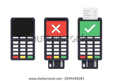 Set of POS terminal: Off, Rejected , and Accepted, with receipt. Vector illustration in flat design