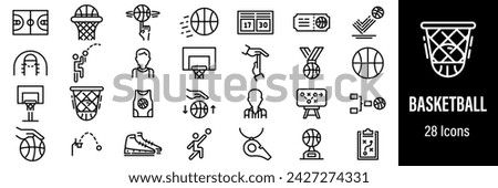 Basketball Web Icons. Basketball Hoop, Stadium, Basketball Jersey, Ball, Basketball Equipment. Vector in Line Style Icons