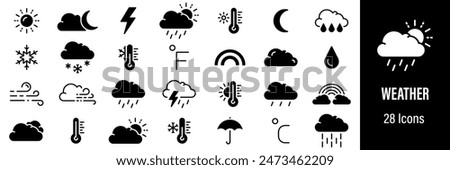 Weather Web Icons. Sunny, Cloudy, Rainy, Snowy, Temperature. Vector in Line Style Icons