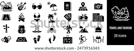 Travel and Tourism Web Icons. Road Trip, Beach, Hotel, Summer Vacations, Camping. Vector in Line Style Icons