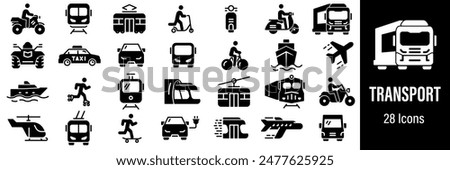 Transport Web Icons. Public Transport, Train, Metro, Extreme Transport, Bike. Vector in Line Style Icons