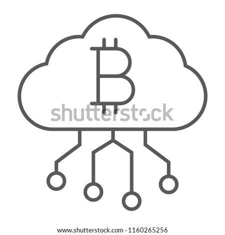 Cloud mining thin line icon, finance and money, bitcoin sign, vector graphics, a linear pattern on a white background, eps 10.