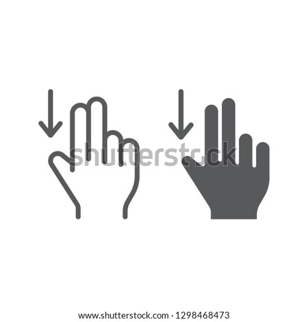 Two finger drag down line and glyph icon, gesture and hand, flick sign, vector graphics, a linear pattern on a white background.