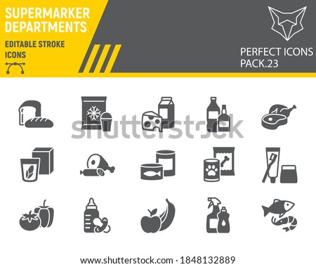Supermarket departments glyph icon set, grocery collection, vector sketches, logo illustrations, online sales icons, supermarket department signs solid pictograms, editable stroke