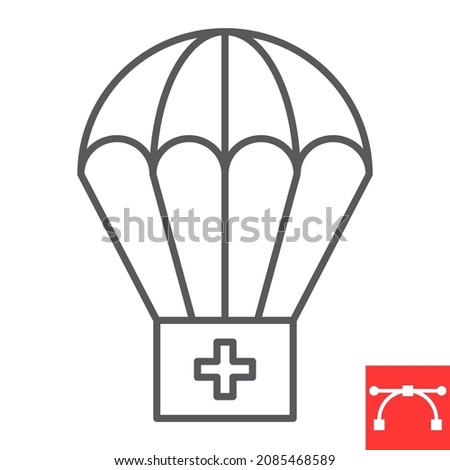 Parachute with first aid kit line icon, medical box and emergency, humanitarian aid vector icon, vector graphics, editable stroke outline sign, eps 10.