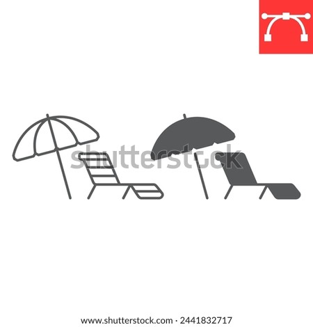 Umbrella and sun lounger line and glyph icon, summer and vacation, parasol and sunbed vector icon, vector graphics, editable stroke outline sign, eps 10.