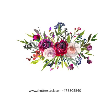 Floral Bouquet Burgundy Red Purple Pink Watercolor Flowers And