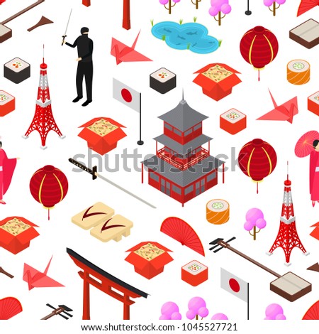 Symbol of Japan Seamless Pattern Background on a White Isometric View Style Design Japanese Asian Element Travel Business. Vector illustration of Oriental National Culture, Food and Monument