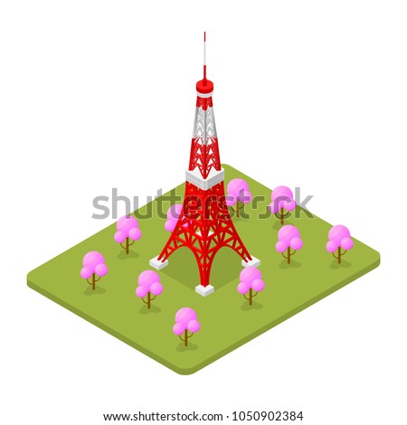 Tokio Tower Famous Landmark of Capital Japanese Symbol Travel Business Concept Isometric View. Vector illustration of Japan Monument