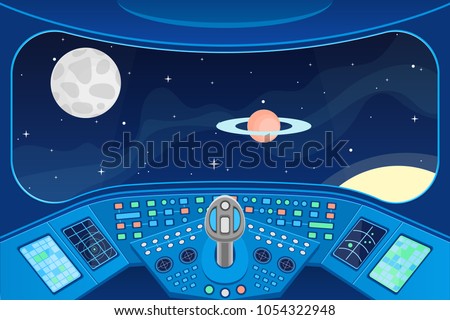 Spaceship Cabin Interior and View Window to Space Background Card Control Navigation Panel and Equipment. Vector illustration of Fantasy Travel