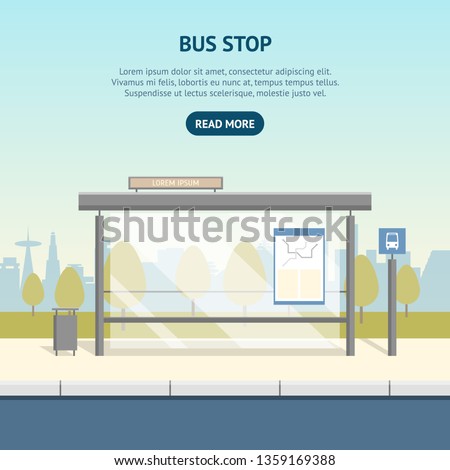 Cartoon Bus Stop Card Poster Ad Concept Scene Element Flat Design Style. Vector illustration of Public Transport in City