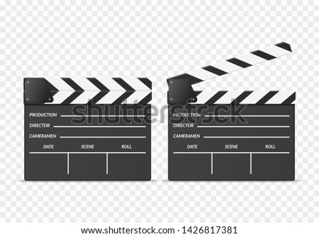 Realistic 3d Detailed Clapper Boards Set on a Transparent Background. Vector illustration of Blank Movie Clapboard Cinema