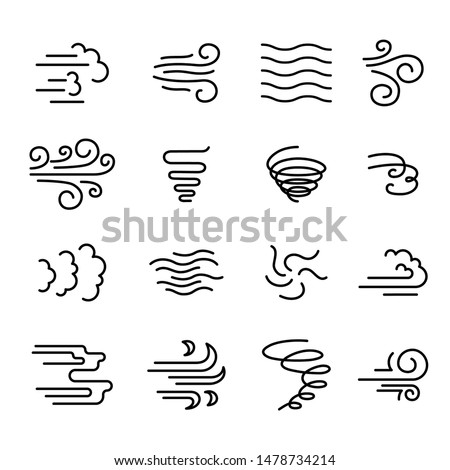 Wind Sign Black Thin Line Icon Set Include of Storm, Wave, Flowing and Swirl. Vector illustration of Icons