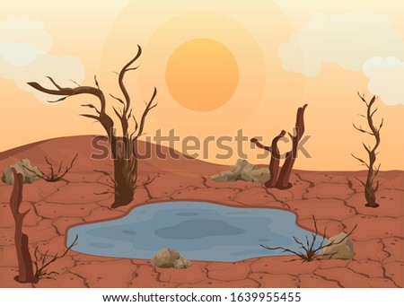 Cartoon Color Dry Land Scene Concept Flat Design Include of Sun, Desert and Tree. Vector illustration