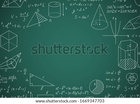 Blackboard Mathematical with Thin Line Shapes and Inscriptions Round Design Template Include of Formula, Calculation and Equation. Vector illustration
