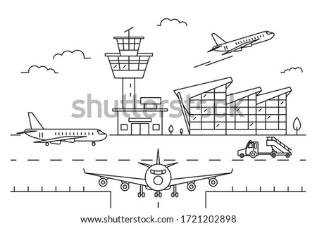 Airport Landscape Scene Black Linear Style Include of Building and Airplane. Vector illustration of Lineart Style