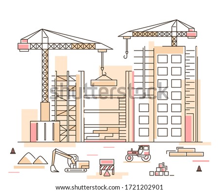 Construction Building Concept Contour Linear Style Include of Crane, Excavator and Tractor. Vector illustration of Lineart
