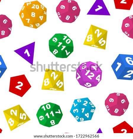 Color Polyhedron Dice with Numbers Seamless Pattern Background on a White for Casino Gambling and Board Game. Vector illustration of Polyhedral Dices