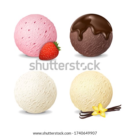 Realistic Detailed 3d Ice Cream Scoops Set Include of Strawberry, Vanilla and Chocolate. Vector illustration of Icecream