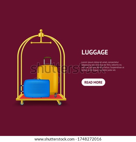 Realistic 3d Detailed Luggage Trolley Cart with Suitcase and Bag for Hotel Card Symbol of Tourism and Travel. Vector illustration