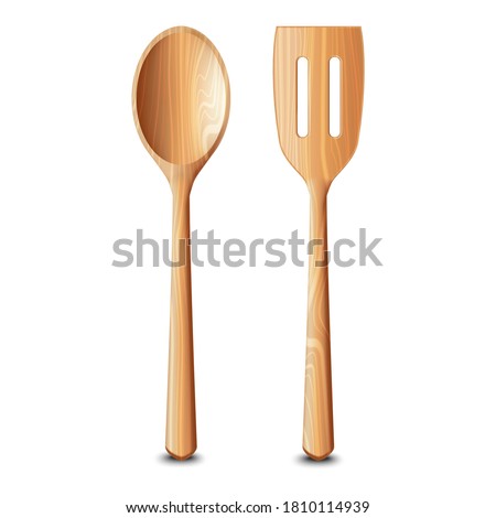 Realistic Detailed 3d Wooden Kitchen Utensils Set Include of Spoon and Spatula on a White. Vector illustration