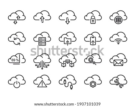 Cloud Storage Sign Black Thin Line Icon Set Connection, Information Data and Sharing Concept. Vector illustration of Icons