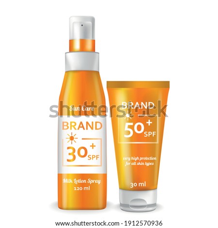 Realistic Detailed 3d Sunscreen Spray and Tube Set. Vector illustration of Cosmetic Product for Summer Protection