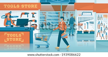 Cartoon Color Characters People Customers and Tools Store Concept Flat Design Style. Vector illustration of Purchase Hardware