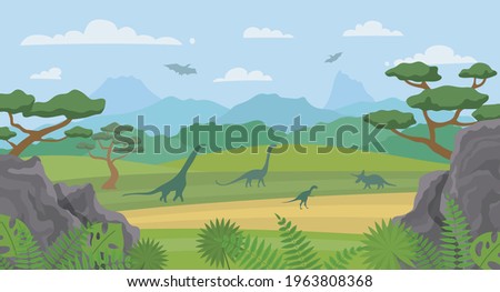 Cartoon Color Dinosaurs and Landscape Scene Concept Flat Design Style. Vector illustration of Prehistoric Nature Background